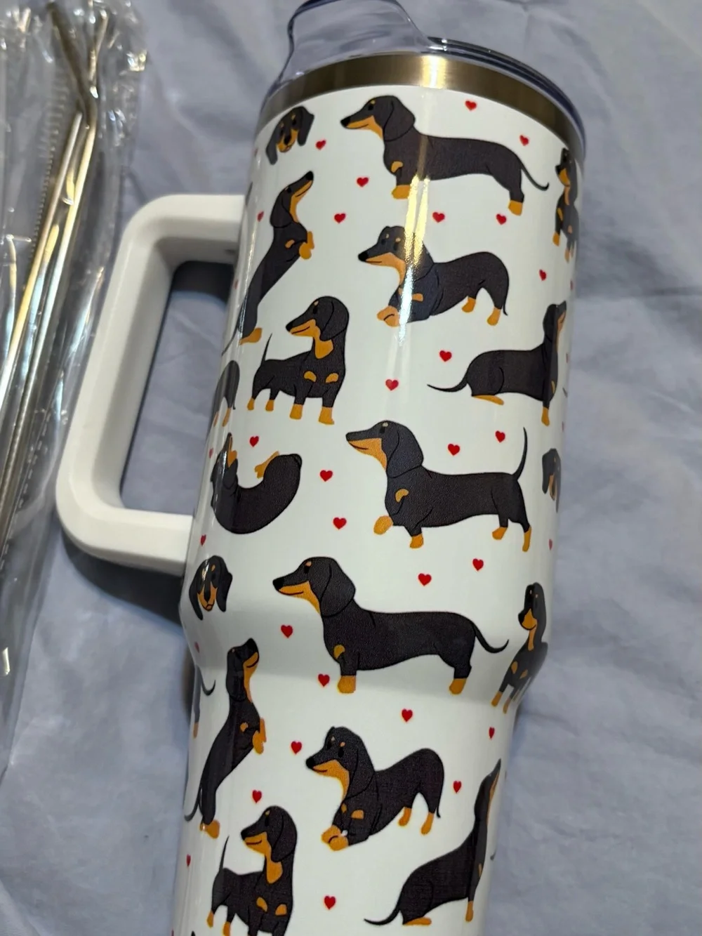 Dachshund Print White Travel Mug with Handle - Pets Dog